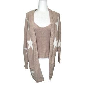 Sincerely Jules Beige Cream Star 2 Pc. Cami and Long Open Cardigan Sweater Large